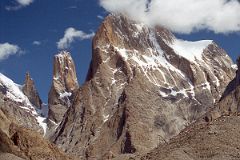 15 Trango Monk, Trango Nameless Tower, Great Trango Tower And Trango Pulpit From Baltoro Glacier Between Paiju And Khoburtse